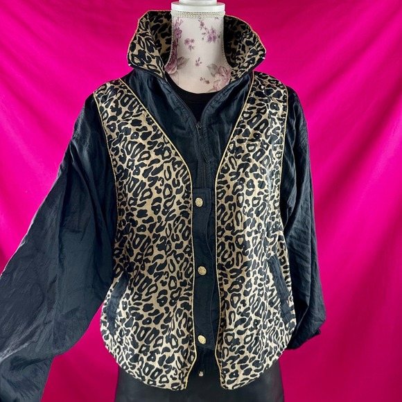 Vintage 80s/90s MTA PRO Leopard Print Black Gold Nylon Windbreaker Jacket Size L - Picture 1 of 17